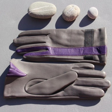 Gants Cuir d'Agneau Charcoal Noir Améthyste Géométria Doublés soie.