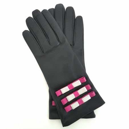 Gants en Cuir d'Agneau Noir Hot Pink Gris Ombeline Doublés Soie.