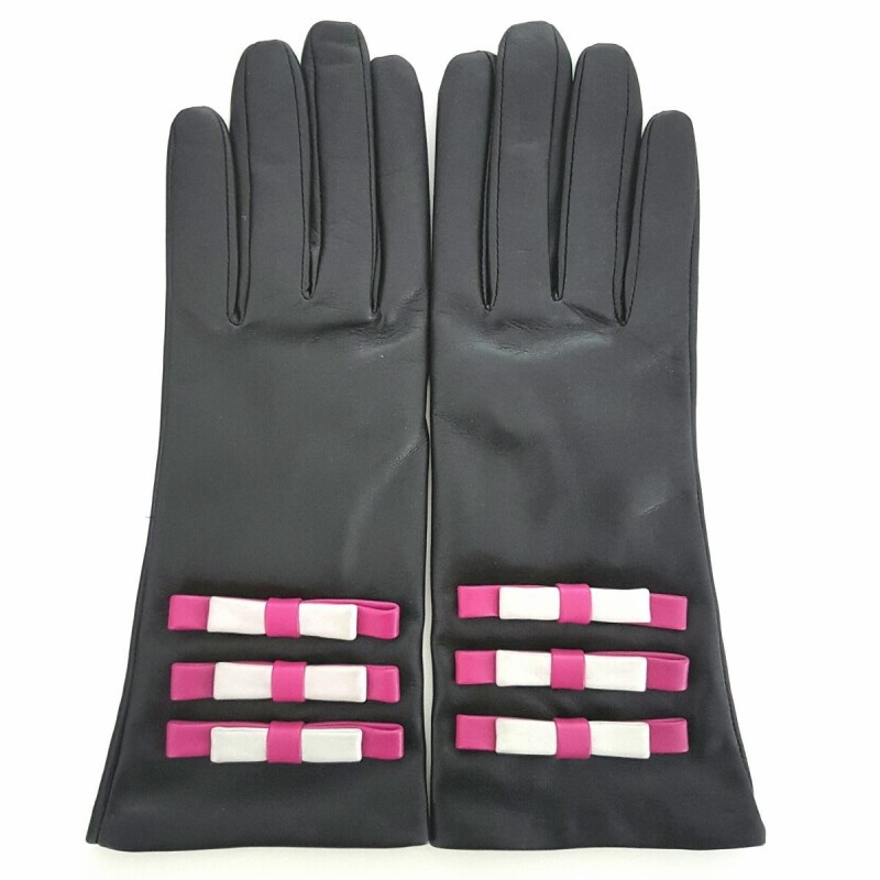 Gants en Cuir d'Agneau Noir Hot Pink Gris Ombeline Doublés Soie.