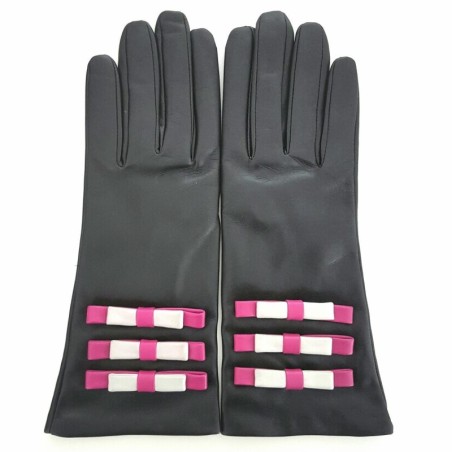 Gants en Cuir d'Agneau Noir Hot Pink Gris Ombeline Doublés Soie.