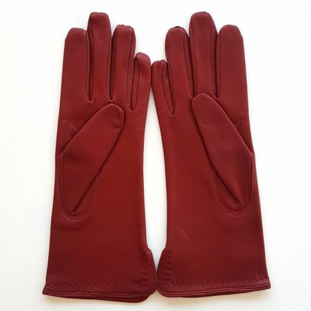 Gants en Cuir d'Agneau Bordeaux Violette Doublés Soie.