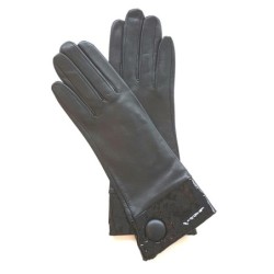 Gants en Cuir d'Agneau, Cuir Vernis Noir Twigy Doublés Soie.