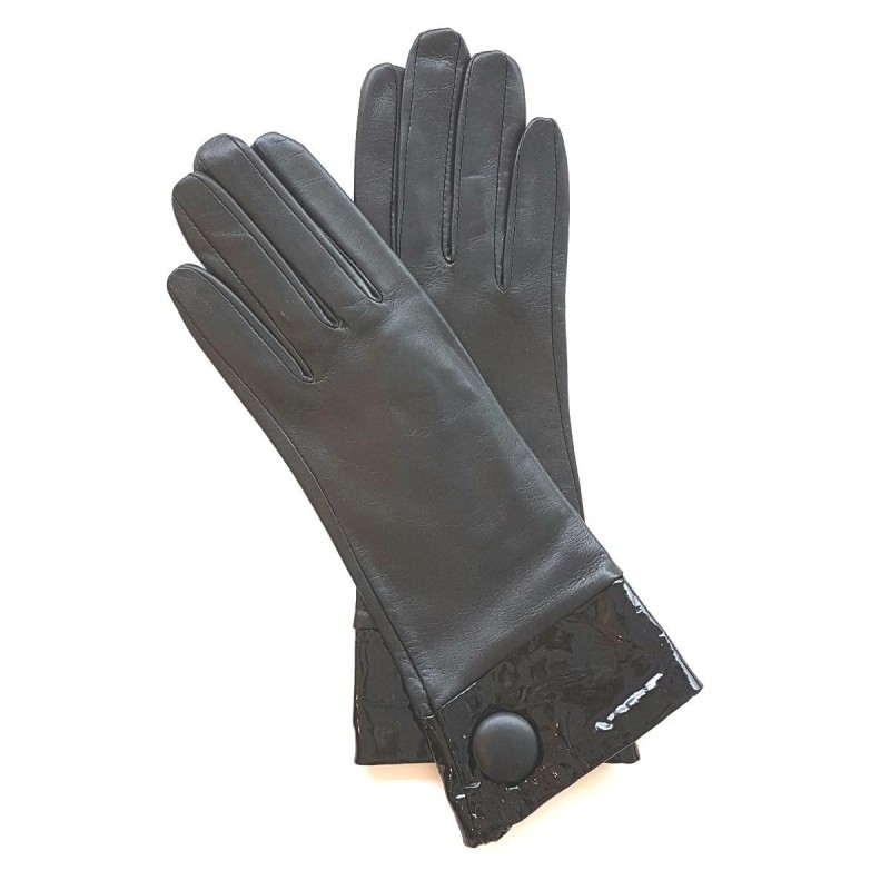 Gants en Cuir d'Agneau, Cuir Vernis Noir Twigy Doublés Soie.