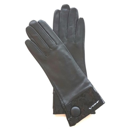 Gants en Cuir d'Agneau, Cuir Vernis Noir Twigy Doublés Soie.