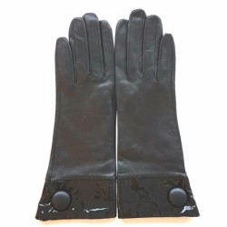 Gants en Cuir d'Agneau, Cuir Vernis Noir Twigy Doublés Soie.