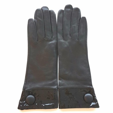 Gants en Cuir d'Agneau, Cuir Vernis Noir Twigy Doublés Soie.