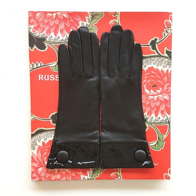 Gants en Cuir d'Agneau, Cuir Vernis Noir Twigy Doublés Soie.