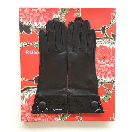 Gants en Cuir d'Agneau, Cuir Vernis Noir Twigy Doublés Soie.