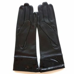 Gants en Cuir d'Agneau, Cuir Vernis Noir Twigy Doublés Soie.