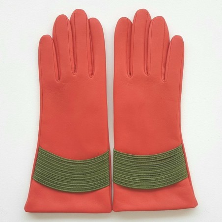 Gants en Cuir d'Agneau Capucine Kaki Athéna Doublés Soie.