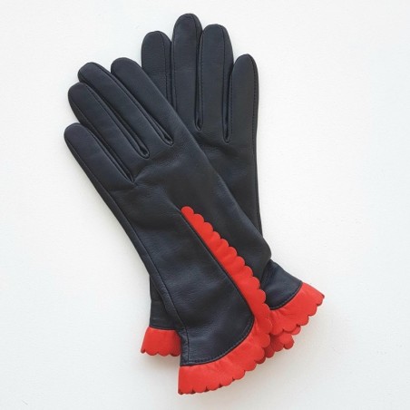 Gants en Cuir d'Agneau Noir Capucine Cassia Doublés Soie.
