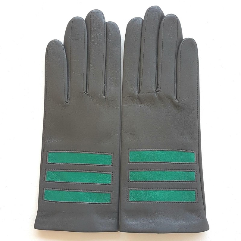 Gants en Cuir d'Agneau Charcoal Emeraude Aiko Doublés Soie.