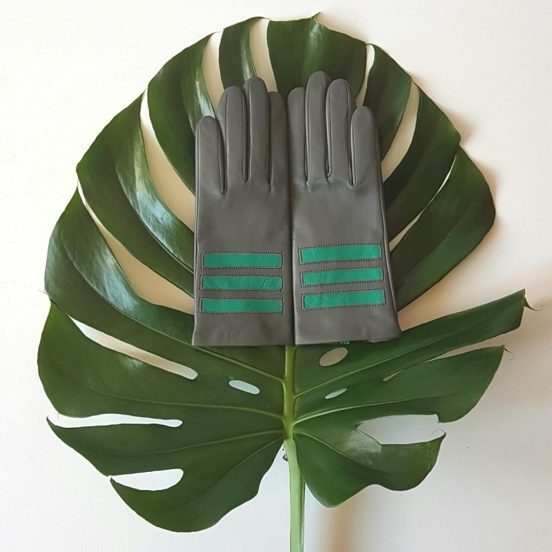 Gants en Cuir d'Agneau Charcoal Emeraude Aiko Doublés Soie.
