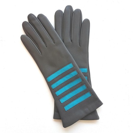 Gants en Cuir d'Agneau Charcoal Turquoise Akasuki Doublure Soie.