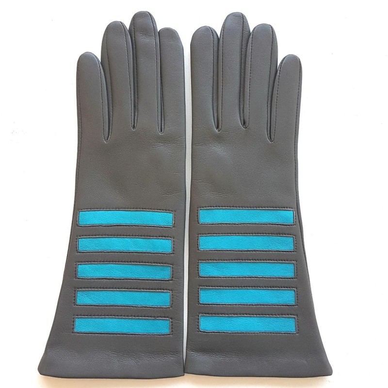 Gants en Cuir d'Agneau Charcoal Turquoise Akasuki Doublure Soie.