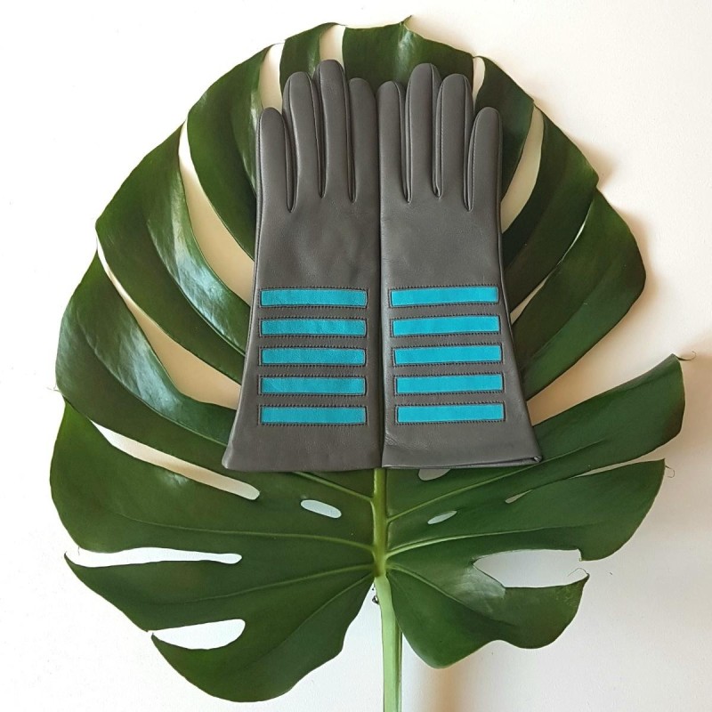 Gants en Cuir d'Agneau Charcoal Turquoise Akasuki Doublure Soie.