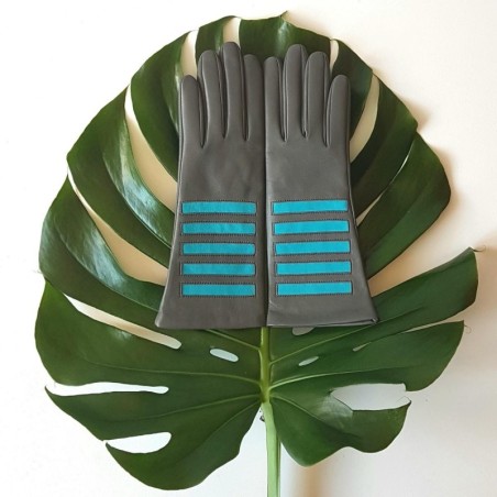 Gants en Cuir d'Agneau Charcoal Turquoise Akasuki Doublure Soie.