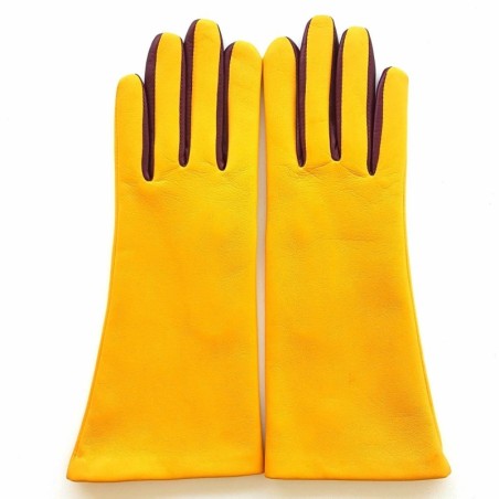 Gants en Cuir d'Agneau Jaune Cassis Elisa Doublés Soie.