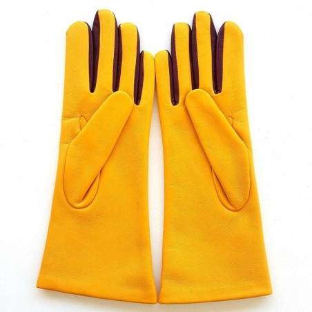 Gants en Cuir d'Agneau Jaune Cassis Elisa Doublés Soie.