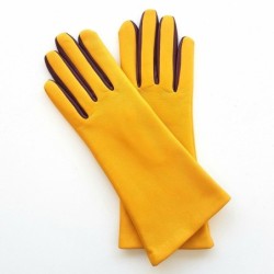 Gants en Cuir d'Agneau Jaune Cassis Elisa Doublés Soie.