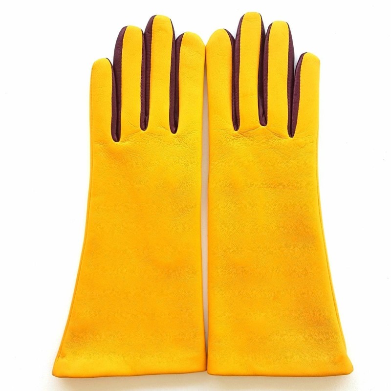 Gants en Cuir d'Agneau Jaune Cassis Elisa Doublés Soie.