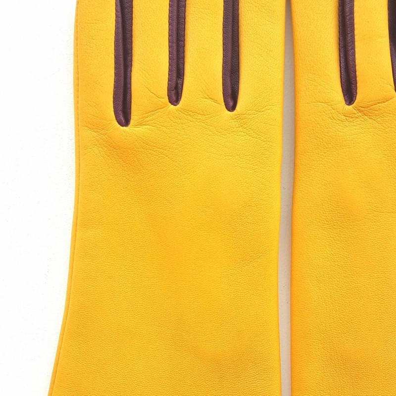 Gants en Cuir d'Agneau Jaune Cassis Elisa Doublés Soie.