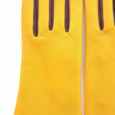 Gants en Cuir d'Agneau Jaune Cassis Elisa Doublés Soie.