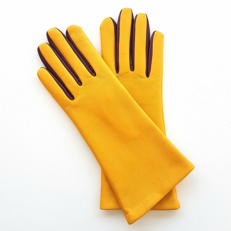 Gants en Cuir d'Agneau Jaune Cassis Elisa Doublés Soie.