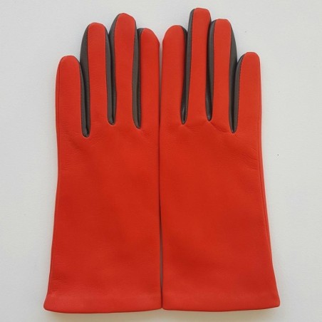 Gants en Cuir d'Agneau Orange Gris Elisa Doublés Soie.