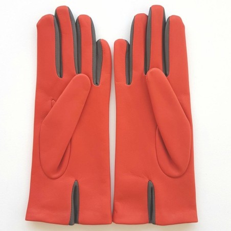 Gants en Cuir d'Agneau Orange Gris Elisa Doublés Soie.