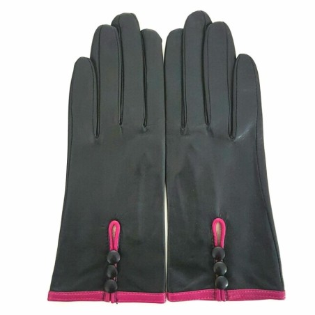 Gants en Cuir d'Agneau Noir Hot Pink Margueritte Doublés Soie.