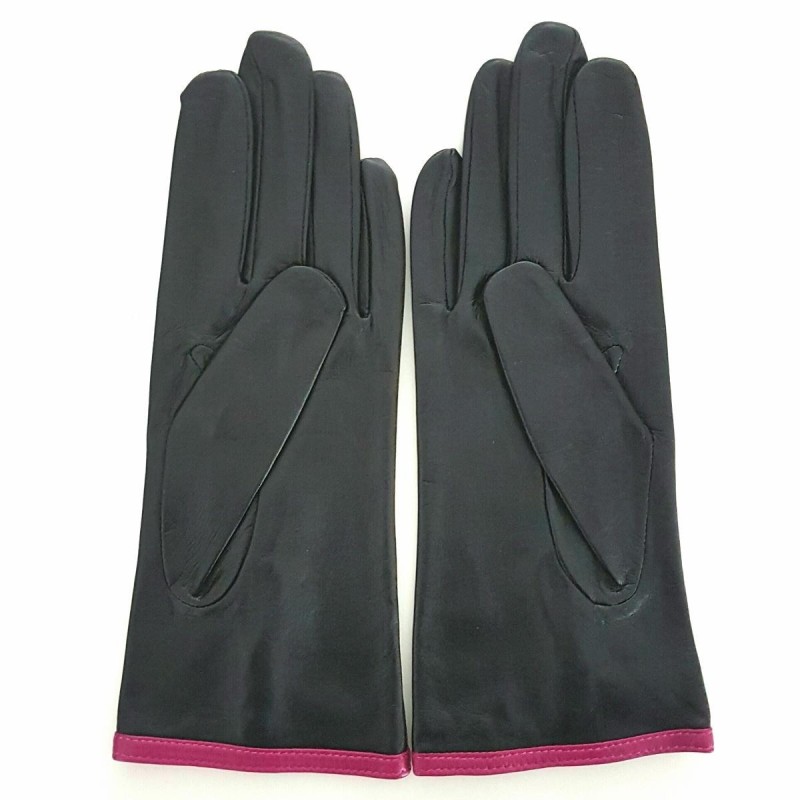 Gants en Cuir d'Agneau Noir Hot Pink Margueritte Doublés Soie.