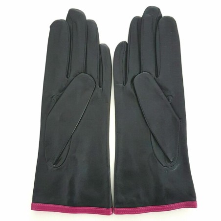 Gants en Cuir d'Agneau Noir Hot Pink Margueritte Doublés Soie.
