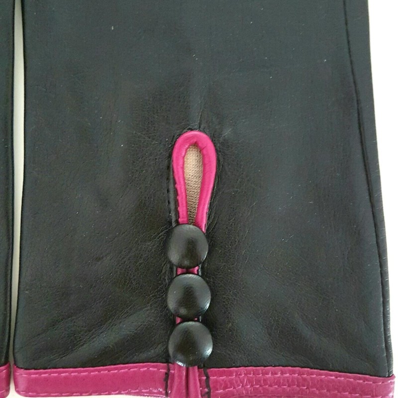 Gants en Cuir d'Agneau Noir Hot Pink Margueritte Doublés Soie.