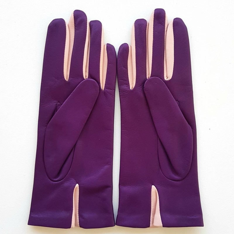 Gants en Cuir d'Agneau Améthyste Rose Colombe Doublés Soie.
