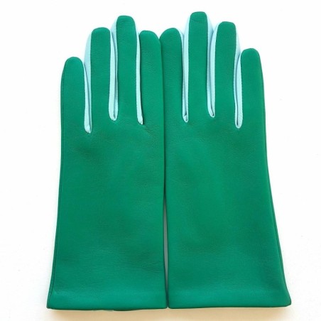 Gants en Cuir d'Agneau Vert Emeraude Bleu Ciel Doublés Soie.