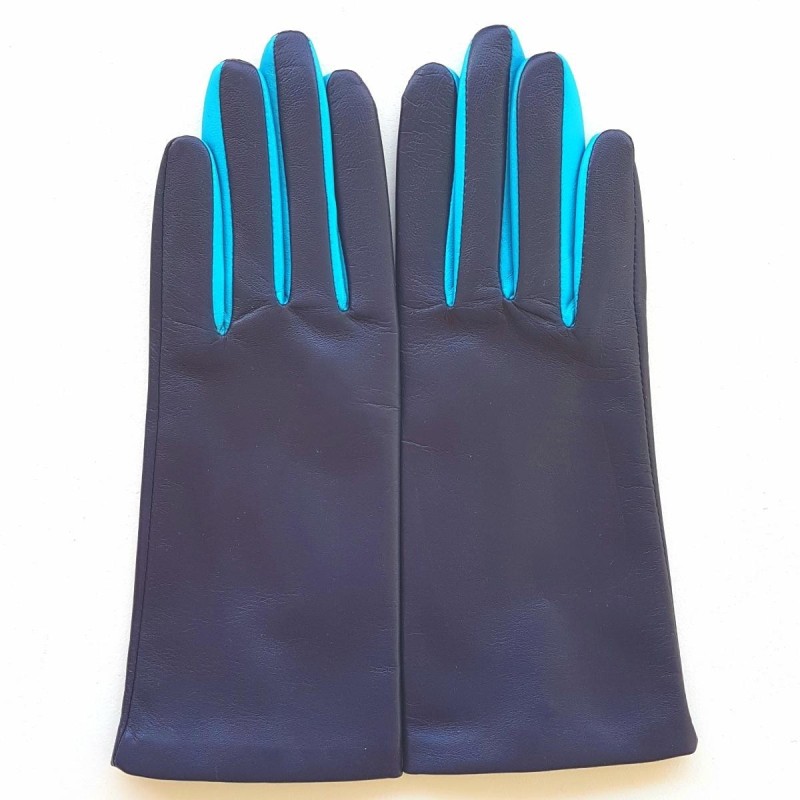 Gants en Cuir d'Agneau Prune Turquoise Colombe Doublés Soie.