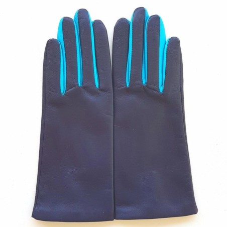 Gants en Cuir d'Agneau Prune Turquoise Colombe Doublés Soie.