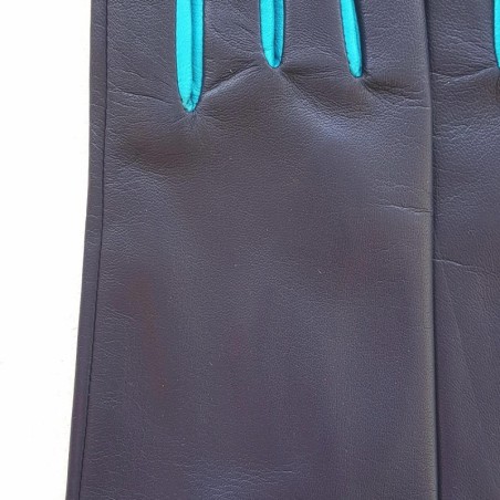 Gants en Cuir d'Agneau Prune Turquoise Colombe Doublés Soie.