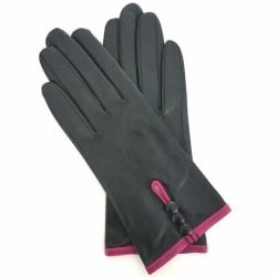 Gants en Cuir d'Agneau Noir Hot Pink Margueritte Doublés Soie.
