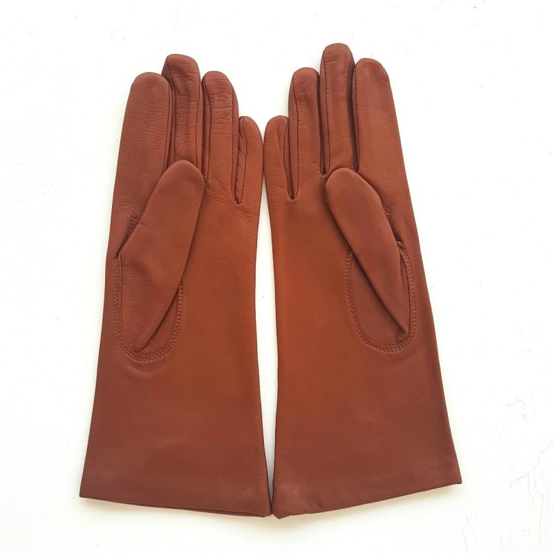 Gants en Cuir d'Agneau Cognac Adeline Doublés Soie.