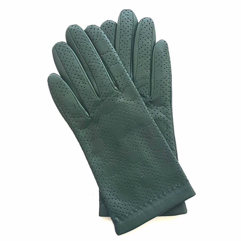 Gants en Cuir d'Agneau Kaki Carmélina Doublés Soie.