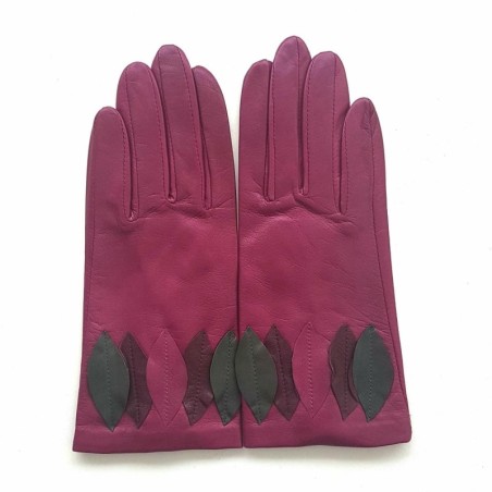 Gants en Cuir d'Agneau Hot Pink, Cassis, Gris, Feuille Doublés Soie.