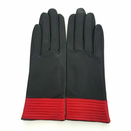 Gants en Cuir d'Agneau Noir Rouge Elisabeth Doublés Soie.