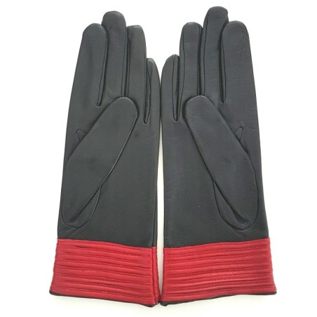 Gants en Cuir d'Agneau Noir Rouge Elisabeth Doublés Soie.