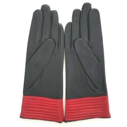 Gants en Cuir d'Agneau Noir Rouge Elisabeth Doublés Soie.