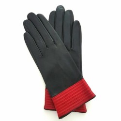 Gants en Cuir d'Agneau Noir Rouge Elisabeth Doublés Soie.