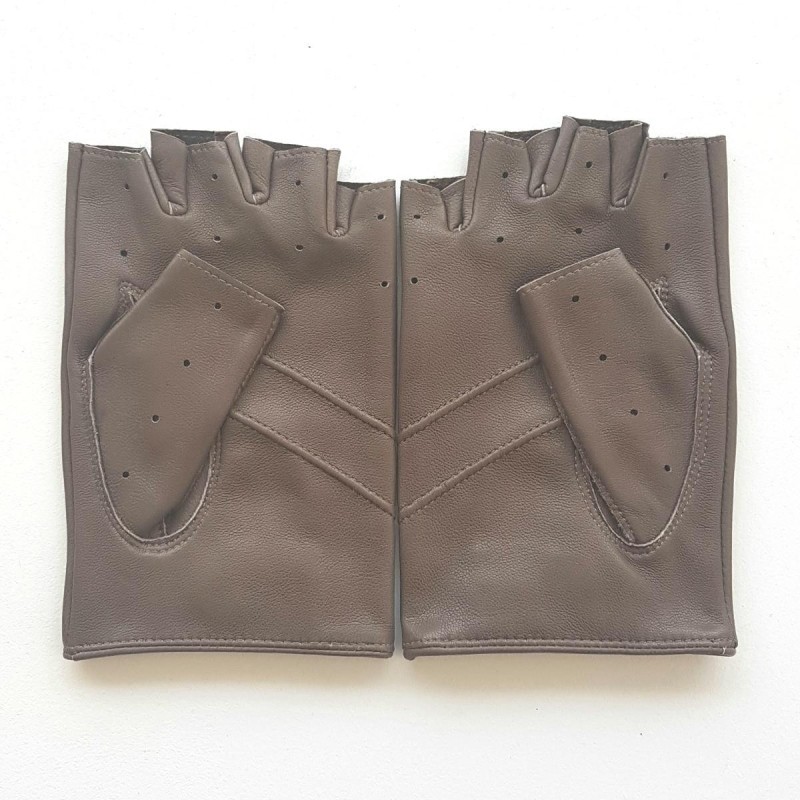 Mitaines en Cuir d'Agneau Taupe Pilote Non Doublées.