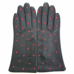 Gants en Cuir d'Agneau Noir Rouge Coccinelle Doublés Soie.