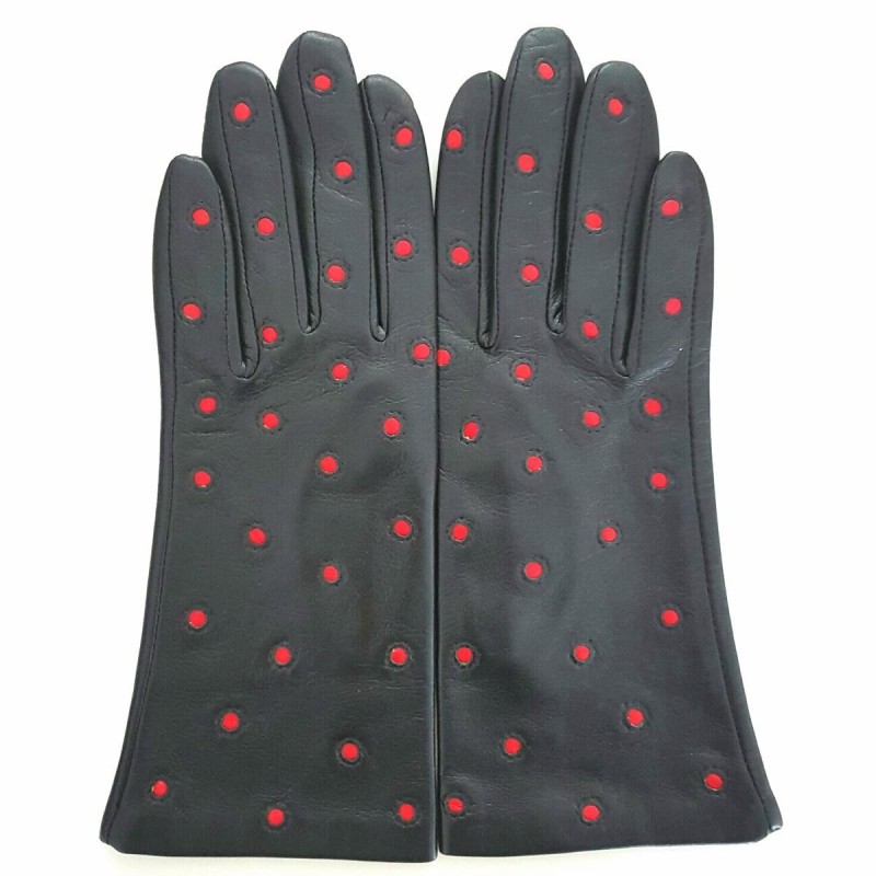 Gants en Cuir d'Agneau Noir Rouge Coccinelle Doublés Soie.